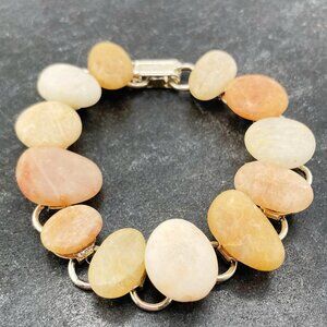 VINTAGE Silver tone metal and natural river rock articulated chain bracelet